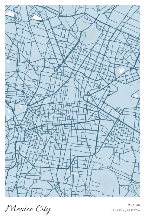 Mexico City, Mexico map poster in Blueprint design and Cloud colors
