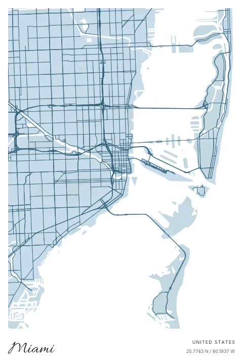 Miami, United States map poster in Blueprint design and Cloud colors