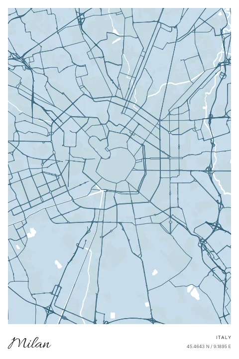 Milan, Italy map poster in Blueprint design and Cloud colors