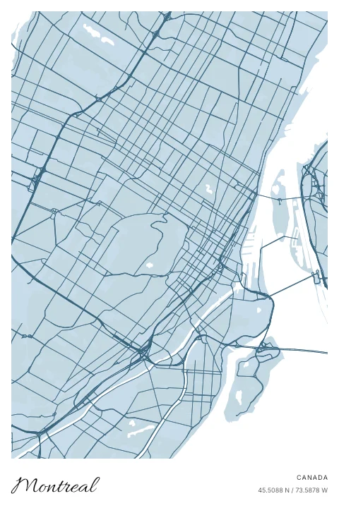 Montreal, Canada map poster in Blueprint design and Cloud colors