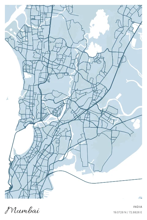 Mumbai, India map poster in Blueprint design and Cloud colors