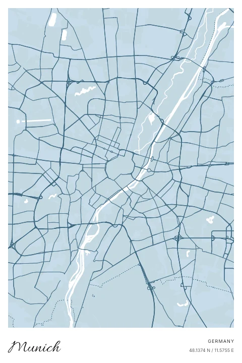 Munich, Germany map poster in Blueprint design and Cloud colors