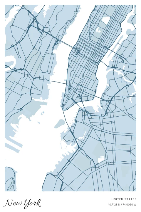 New York, United States map poster in Blueprint design and Cloud colors