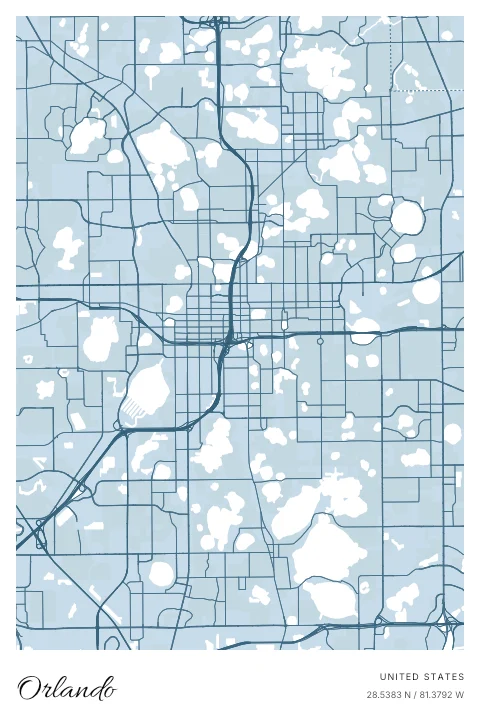 Orlando, United States map poster in Blueprint design and Cloud colors