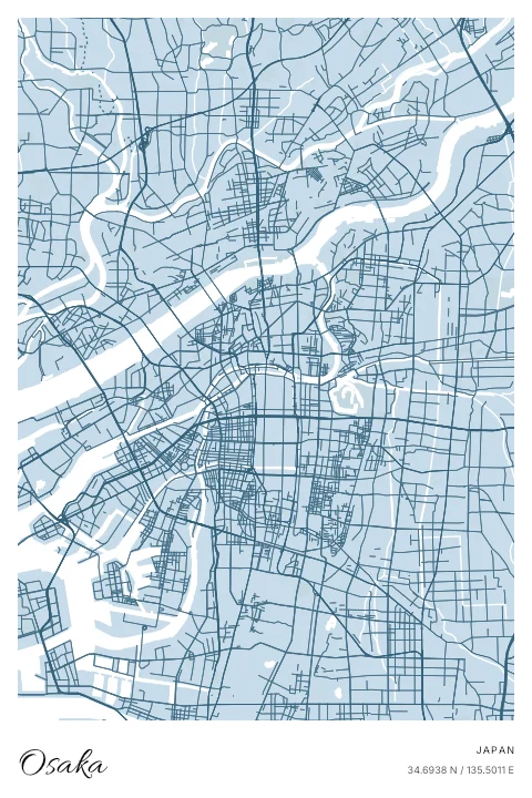 Osaka, Japan map poster in Blueprint design and Cloud colors