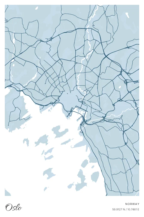 Oslo, Norway map poster in Blueprint design and Cloud colors