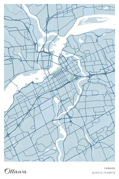 Ottawa, Canada map poster in Blueprint design and Cloud colors