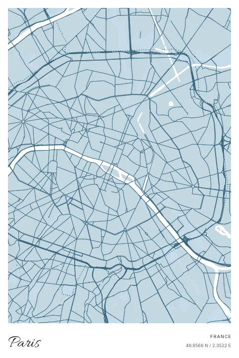Paris, France map poster in Blueprint design and Cloud colors