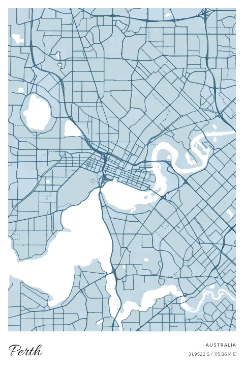 Perth, Australia map poster in Blueprint design and Cloud colors