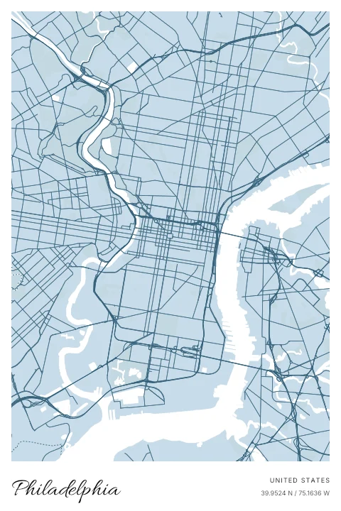 Philadelphia, United States map poster in Blueprint design and Cloud colors