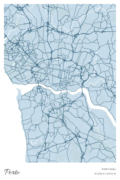 Porto, Portugal map poster in Blueprint design and Cloud colors