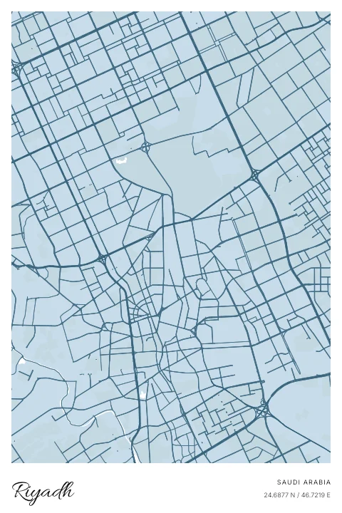 Riyadh, Saudi Arabia map poster in Blueprint design and Cloud colors