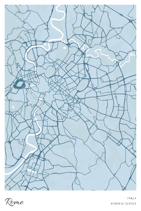 Rome, Italy map poster in Blueprint design and Cloud colors