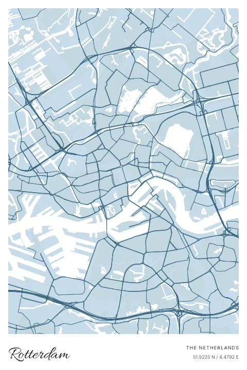 Rotterdam, The Netherlands map poster in Blueprint design and Cloud colors