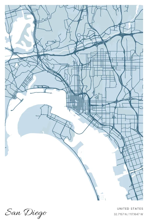 San Diego, United States map poster in Blueprint design and Cloud colors