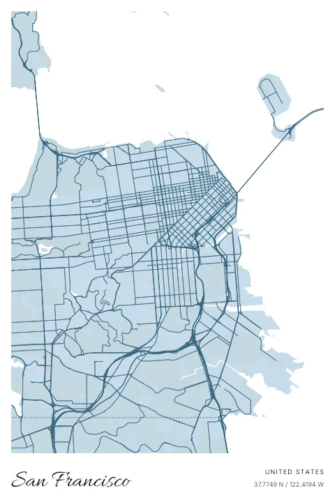 San Francisco, United States map poster in Blueprint design and Cloud colors