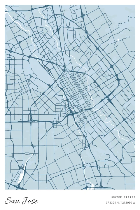 San Jose, United States map poster in Blueprint design and Cloud colors
