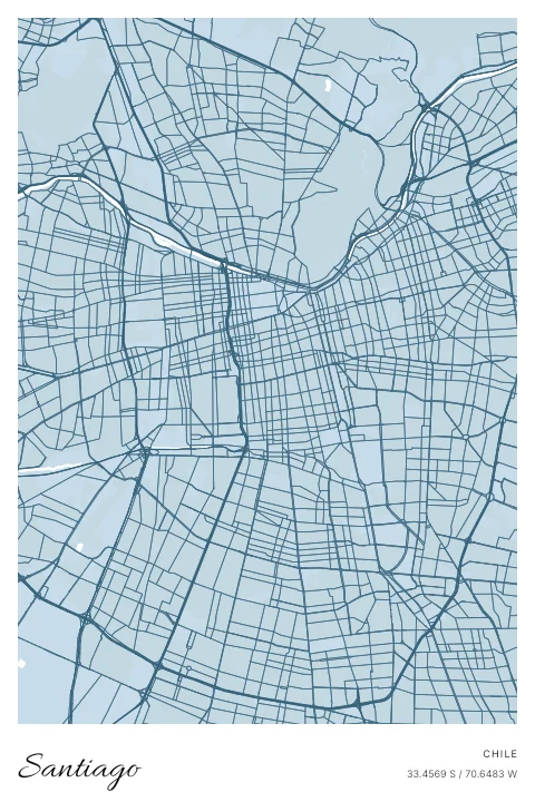 Santiago, Chile map poster in Blueprint design and Cloud colors