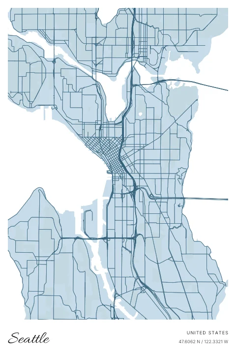 Seattle, United States map poster in Blueprint design and Cloud colors