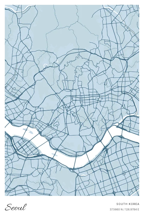 Seoul, South Korea map poster in Blueprint design and Cloud colors