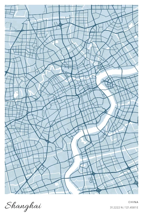 Shanghai, China map poster in Blueprint design and Cloud colors