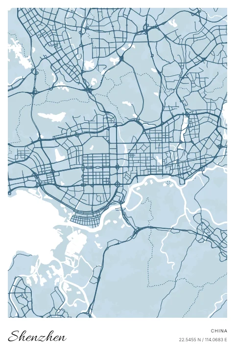 Shenzhen, China map poster in Blueprint design and Cloud colors