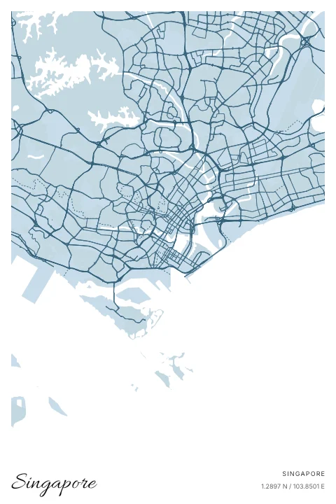 Singapore, Singapore map poster in Blueprint design and Cloud colors