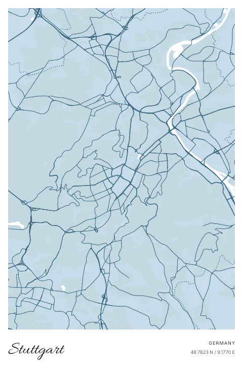 Stuttgart, Germany map poster in Blueprint design and Cloud colors