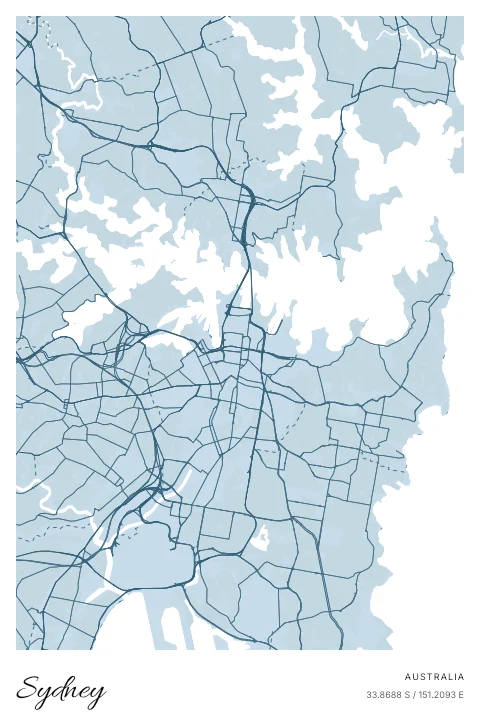 Sydney, Australia map poster in Blueprint design and Cloud colors