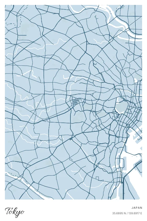 Tokyo, Japan map poster in Blueprint design and Cloud colors