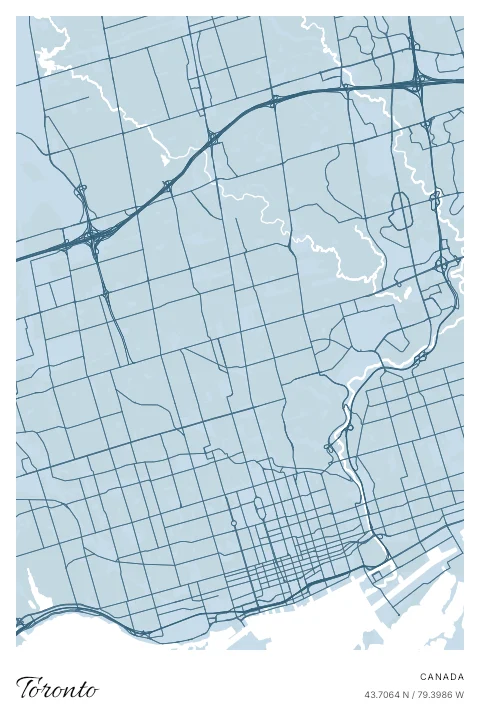 Toronto, Canada map poster in Blueprint design and Cloud colors