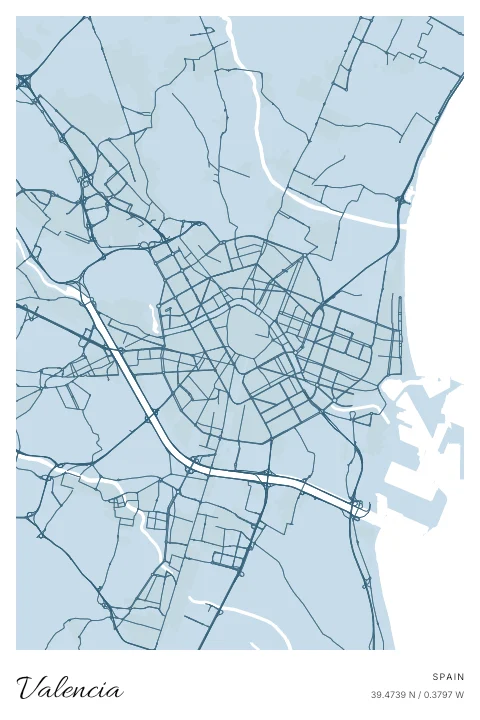Valencia, Spain map poster in Blueprint design and Cloud colors