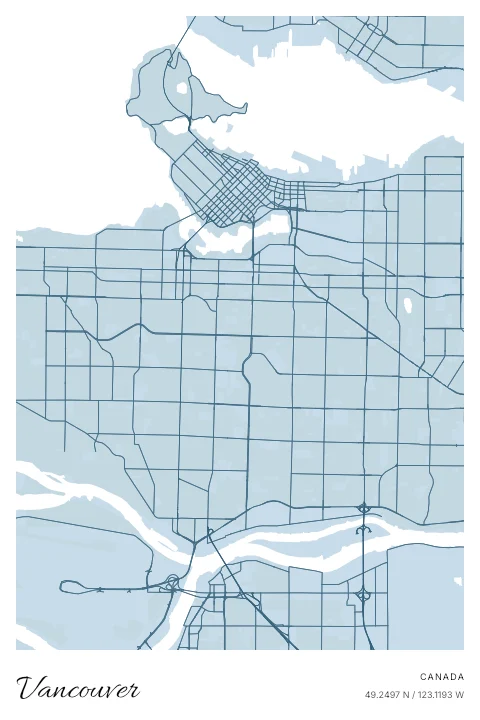 Vancouver, Canada map poster in Blueprint design and Cloud colors