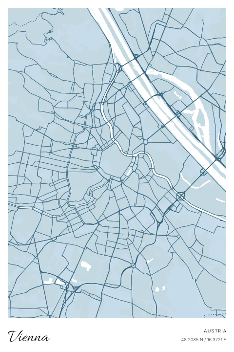 Vienna, Austria map poster in Blueprint design and Cloud colors