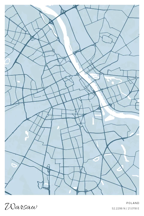 Warsaw, Poland map poster in Blueprint design and Cloud colors