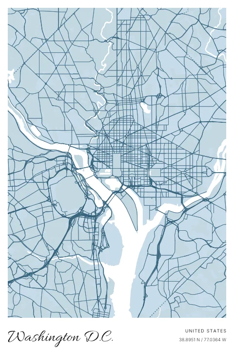 Washington D.C., United States map poster in Blueprint design and Cloud colors
