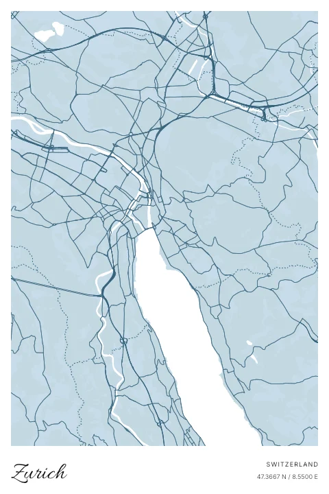 Zurich, Switzerland map poster in Blueprint design and Cloud colors