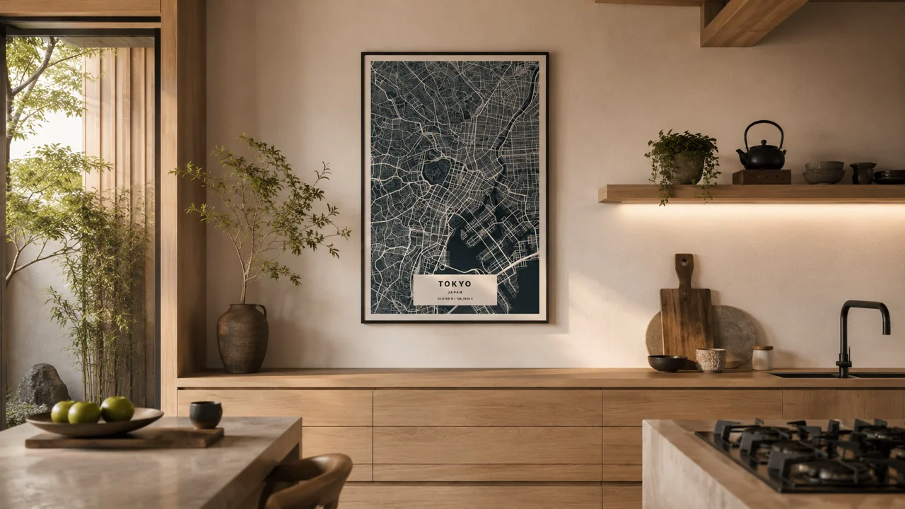 A framed Tokyo map bringing a personal touch to a warm oak kitchen